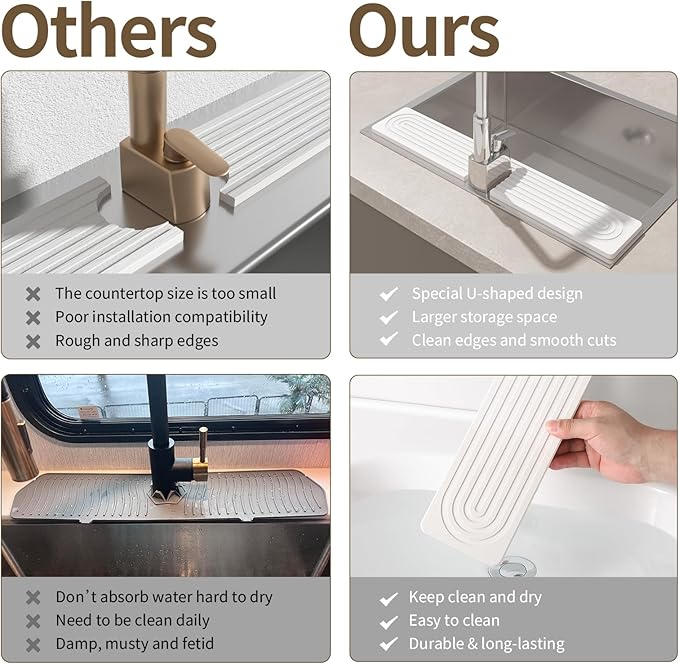 Faucet Mat for Kitchen Sink, Diatomite Stone Drying Sink Protectors, Bathroom Faucet Splash Guard, Quick Dry Water Absorbing, Non-Slip Stone Tray for Kitchen Counter, White, 23.6" x 3.9"