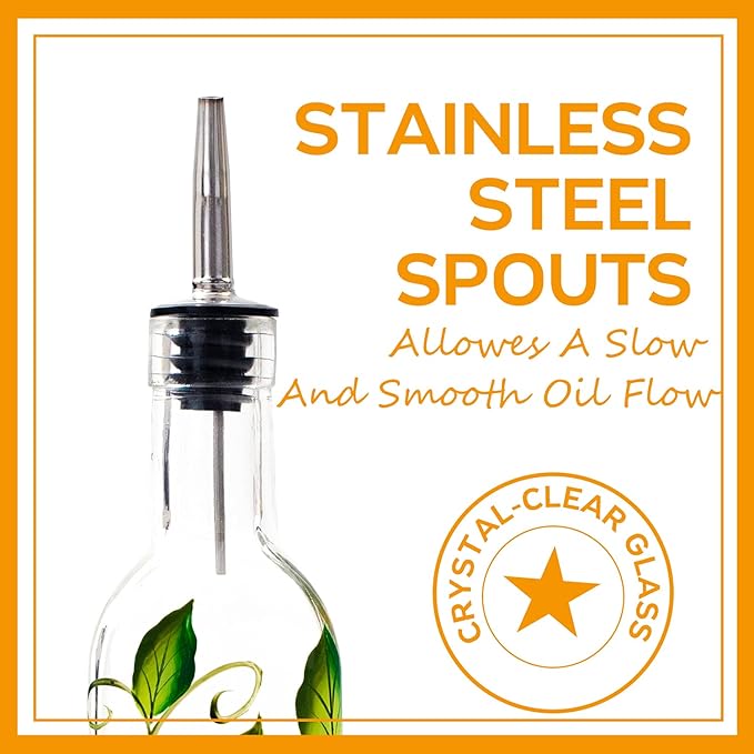 17oz Hand Painted Glass Olive Oil Bottle Dispenser - 500ml Green Oil & Vinegar Cruet with Pourers - Olive Oil Carafe Decanter for Kitchen (sunflower2)