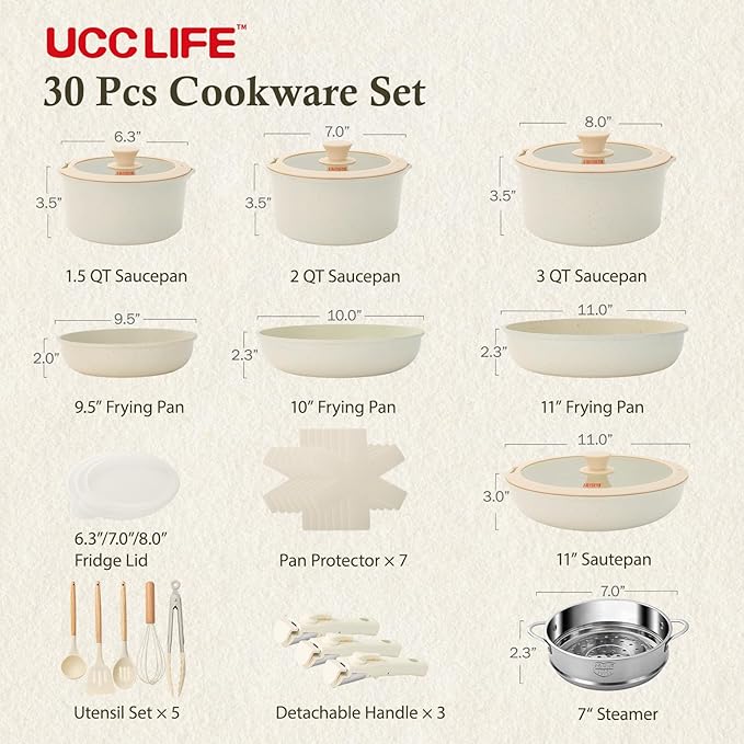 UCClife 30-Piece Nonstick Cookware Set - PFOA/PTFE Free Non-Toxic Pots & Pans, Detachable Handles, Oven & Dishwasher Safe, Scratch Resistant