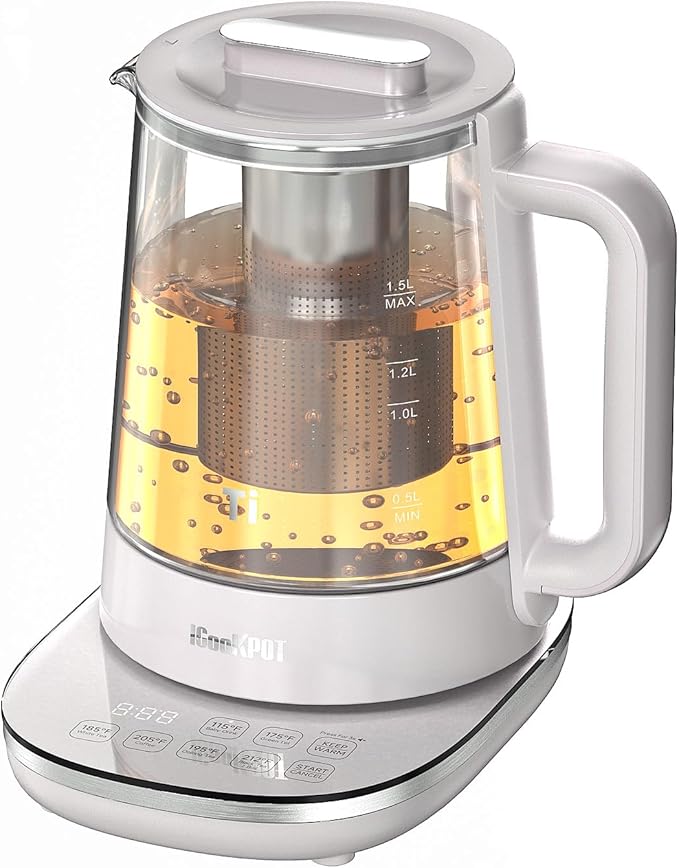 Titanium & Stainless Steel Electric Kettle with Tea Infuser and Temperature Control,1.5L Glass Tea Maker,1500W Rapid Boiling,Programmable Control for your Favorite Teas and Coffee-Grey