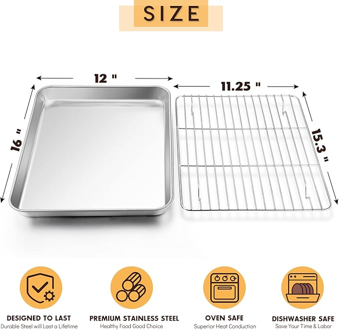 Baking Sheet with Rack Set, E-far 16”x12” Stainless Steel Cookie Sheet Pan for Oven, Rimmed Metal Tray with Wire Cooling Rack for Cooking Roasting Resting Bacon Meat Steak - Dishwasher Safe