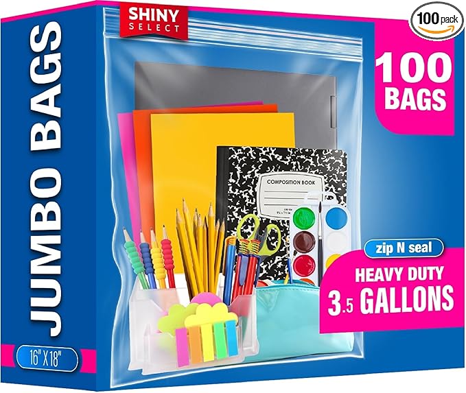 [100 Count] Mega Pack of XLarge Bags Jumbo 3.5 GALLON BIG Size Clear Thick Freezer Food Storage Bags for Toys, Arts, Crafts, Moving, Clothing & Closet Organization (packaging may vary)