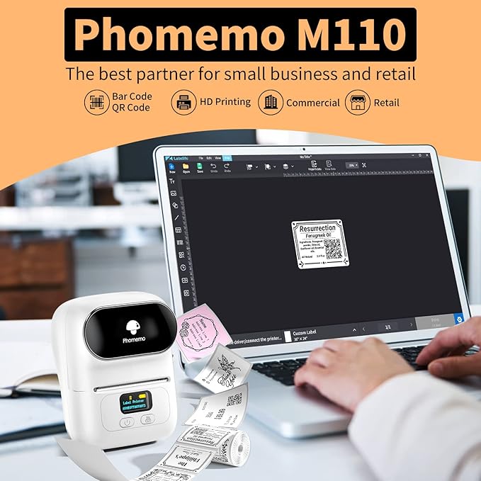 Phomemo M110 Label Makers - Portable Bluetooth Thermal Label Maker Machine,Label Printer for Name, Barcode, Clothing, Jewelry, Retail, Mailing, for Android & iOS, with 1Pack 40×30mm Label, White
