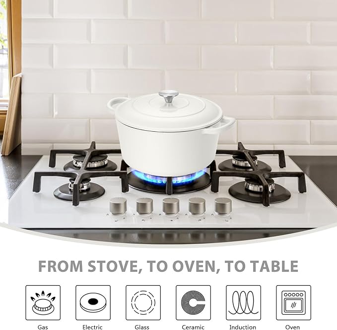 3 Qt Enameled Cast Iron Dutch Oven with Lid, E-far Small Round Nonstick Dutch Oven Pot for Bread Baking Braising Stews Roasting Cooking, Heavy Duty, Induction & Oven Safe - White