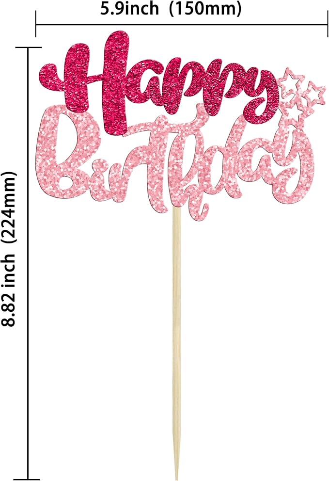 Ephlyn 24Pcs Happy Birthday Cupcake Toppers Double Layer Glitter Happy Birthday Cake Decorations for Celebrating Baby Shower Theme Kids Boys Girls Birthday Anniversary Party Supplies Rose Red Pink