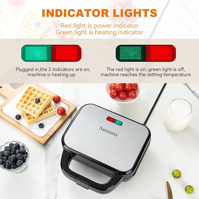 Samoris Waffle Iron, 8 inch 2 Slice Non-Stick Removable Plates for Easy Cleanup, Sandwich Maker,Make Breakfast and Snacks, LED Indicator Lights, Cool Touch Handle, 870W Black and Silver