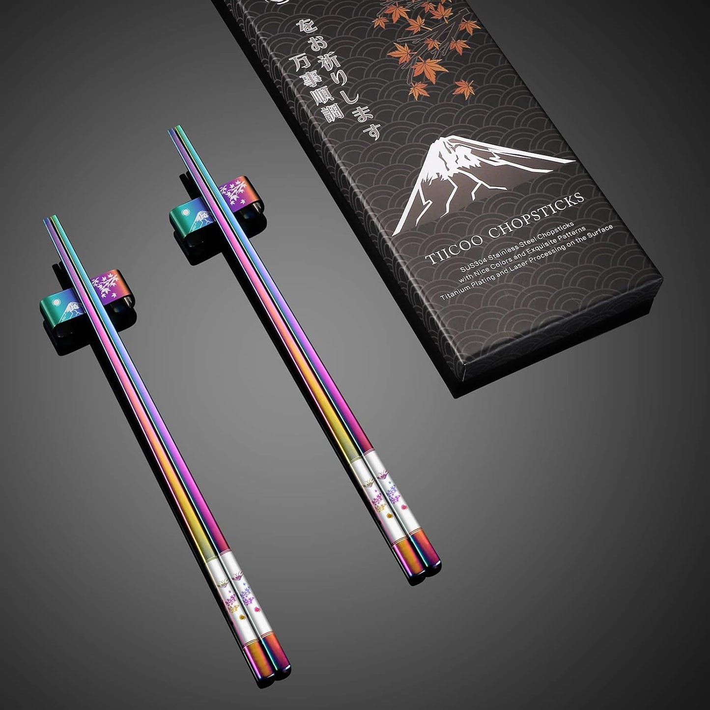 Metal Chopsticks Reusable 2 Pairs Titanium Plated 18/8 Stainless Steel Chopsticks with Holder, Dishwasher Safe Non-Slip Japanese Style Laser Engraved Chop Sticks Gift Set (Rainbow)