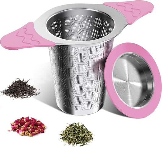 Tea Infuser for Loose Leaf Tea,18/8 Stainless Steel Tea Infuser with Heat Proof Silicone Handles,Extra Fine Mesh Tea Strainers Filter Fine Tea Leaves Effectively,Fits TeaPots/Mugs-Pink