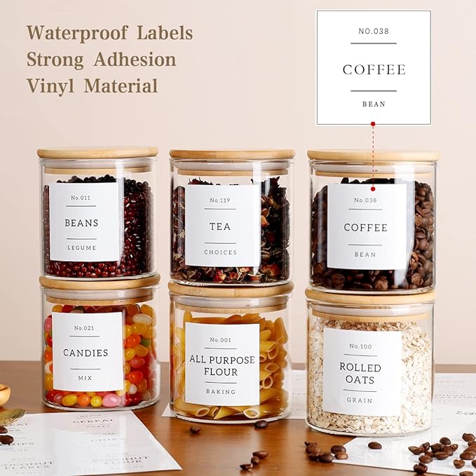 20 OZ Glass Food Storage Jars with 132 Pantry Labels Preprinted - 6 Pcs Thicken Glass Storage Containers with Airtight Bamboo Lid - Clear Kitchen Canister for Spice, Tea, Coffee, Sugar, Cookie, Candy