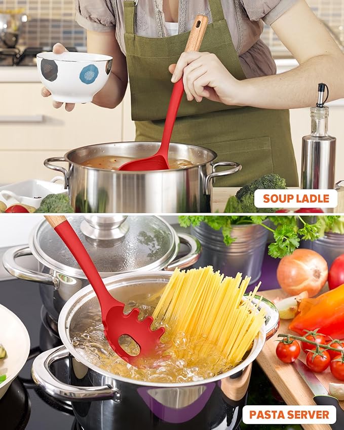 Pasta Fork and Ladle Set, Perfect for Serving Hot Soup, Stirring, and Sauce Pasta, BPA-Free Matte Silicone, Wood Handle Spaghetti Spoon for Nonstick Cooking Surfaces (Red)