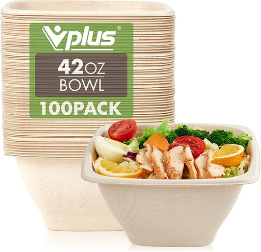 Vplus 100 Pack 42 OZ Paper Bowls Bulk, Square Disposable and Compostable, Eco-friendly Bagasse, Heavy-duty Bowls Perfect for Milk Cereals, Snacks, Salads