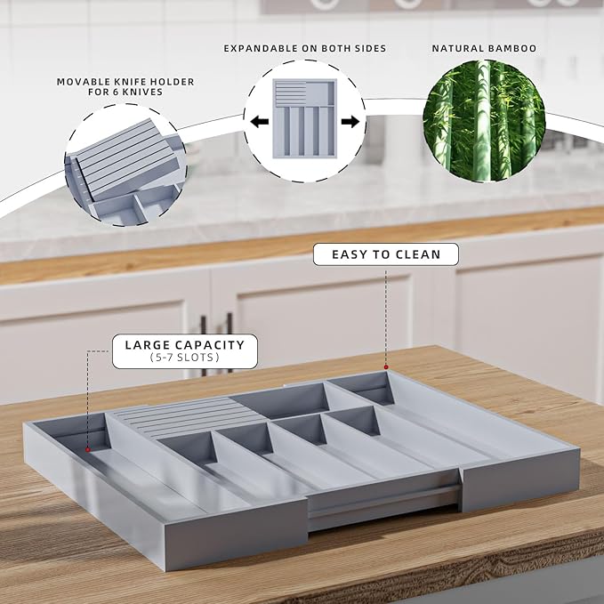 Large Utensil Drawer Organizer with Divider - Removable Kitchen Knife Holder Bamboo Adjustable Flatware Organizer for Drawer W12.8-20.2" x L16 x H2 (Grey)