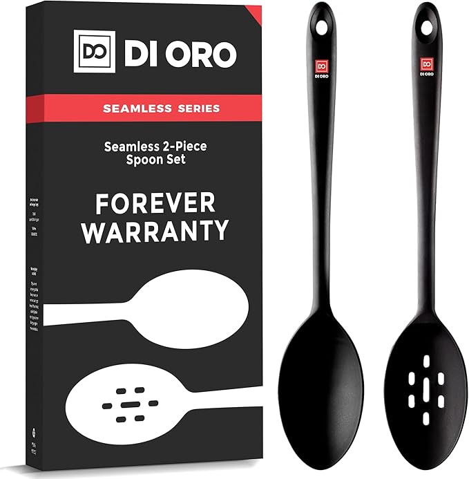 DI ORO Silicone Spoons for Cooking - Large Kitchen Spoons for Mixing, Serving, & Stirring - 600°F Heat-Resistant Non Stick Utensils – Big Solid & Slotted - Dishwasher Safe (2pc, Black)