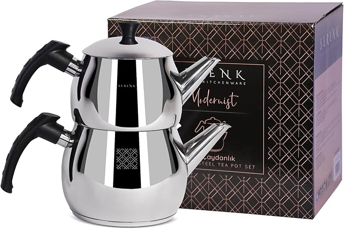 Serenk Stainless Steel 3 qt(101 fl oz) Turkish Tea Pot Sets With Lids And NonSlip Bakelite Handles For All Stove Type Turkish Tea Maker Two Pots With Termo Capsuled Induction Base (Black Small)