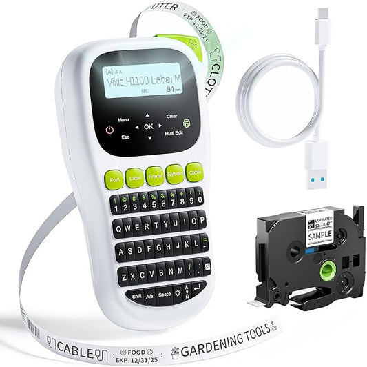 Label Maker Machine with-Tape, H1100 Handheld Label Maker Portable Labeler with Backlight Screen Keyboard for Home School Office Organization, Multiple Fonts Symbols Borders Easy to Use Inkless