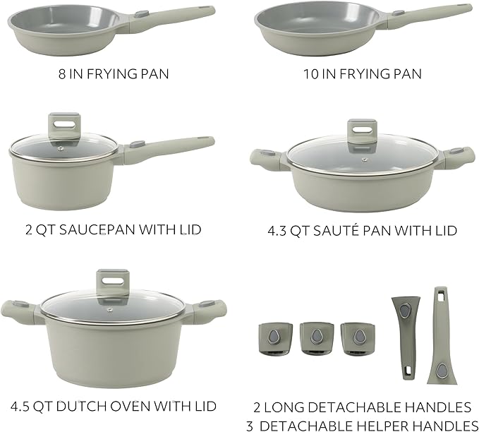 Sur La Table Kitchen Essentials 13 Piece Detachable Handle Pots and Pans Premium PFA Free Premium Ceramic Non Stick Induction Safe and Secure Removable Handle Cookware Set - Juniper Green