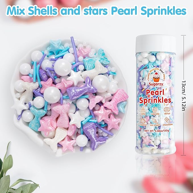 Mermaid Sprinkles,Edible Sugar Pearl Stars Jimmies Mix,130g/4.58oz,Pearl Candy Ocean Sprinkle for Cake Decorating,Summer Baking Fun Decorations,Perfect for Ice Cream,Cookies,Dessert,Donuts,Cupcake Topper,Birthday Children Party Supplies
