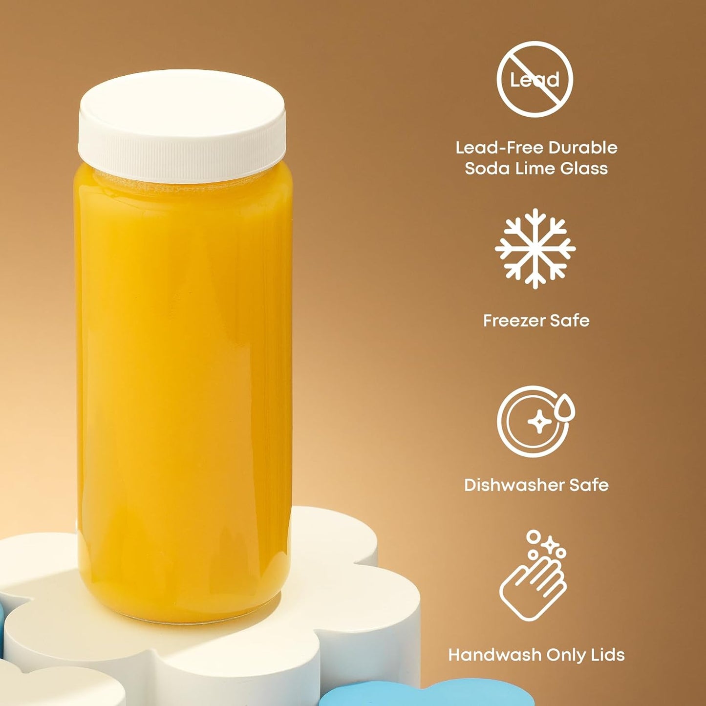 JoyJolt 16 oz Reusable Glass Bottles with Caps. Set of 8 Juicing Bottles With Lids and Juice Jars Labels. Glasses for Cold Brew, Smoothie