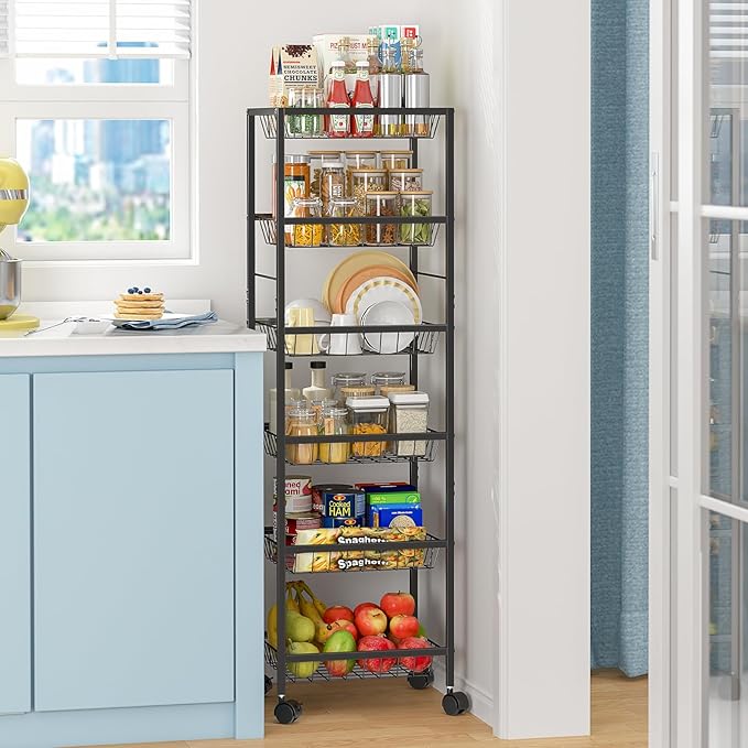 Fruit Vegetable Basket for Kitchen, 6 Tier Fruit and Vegetable Storage Cart, Metal Wire Storage Baskets with Wheels, Small Rolling Cart Organizer Rack for Pantry, Living Room, Bathroom