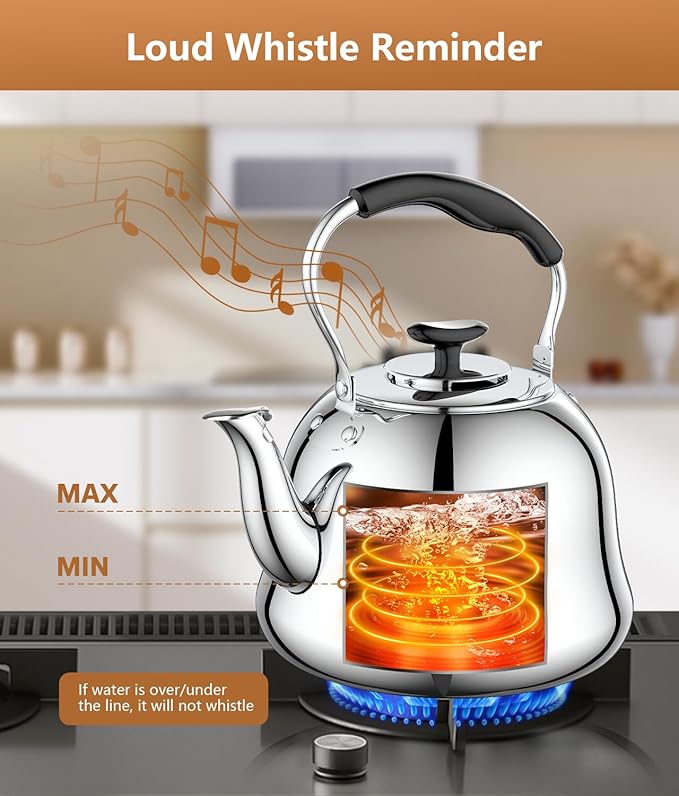 2L Whistling Stovetop Tea Kettle - Food Grade Stainless Steel Teapot with Fast Boil, Wide Mouth, Anti-Scalding Handle, Ideal for Stove Top – Perfect for Tea, Coffee & Hot Water