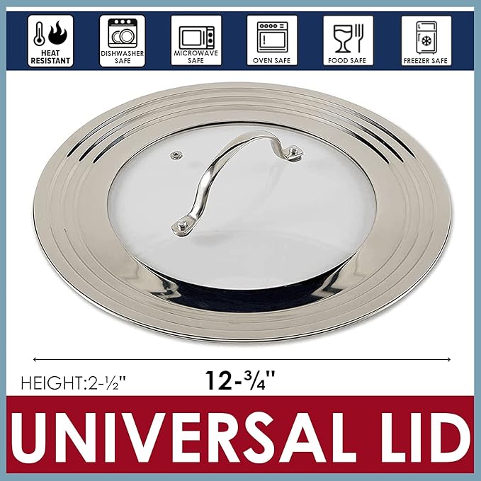 Stainless Steel Universal Lid for Pots, Pans and Skillets - Fits 7" to 12" Pot and Pans - Tempered Glass with Stainless Steel Rim Replacement Frying Pan Cover and Cast Iron Skillet Lid