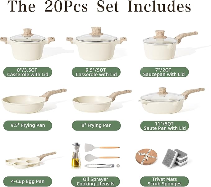 Caannasweis 20Pcs Cookware Sets, Nonstick Pots and Pans Set, Granite Induction Cookware, Non Stick Kitchen Cooking Set, Cream White Egg Pan Set, PFOS PFOA Free
