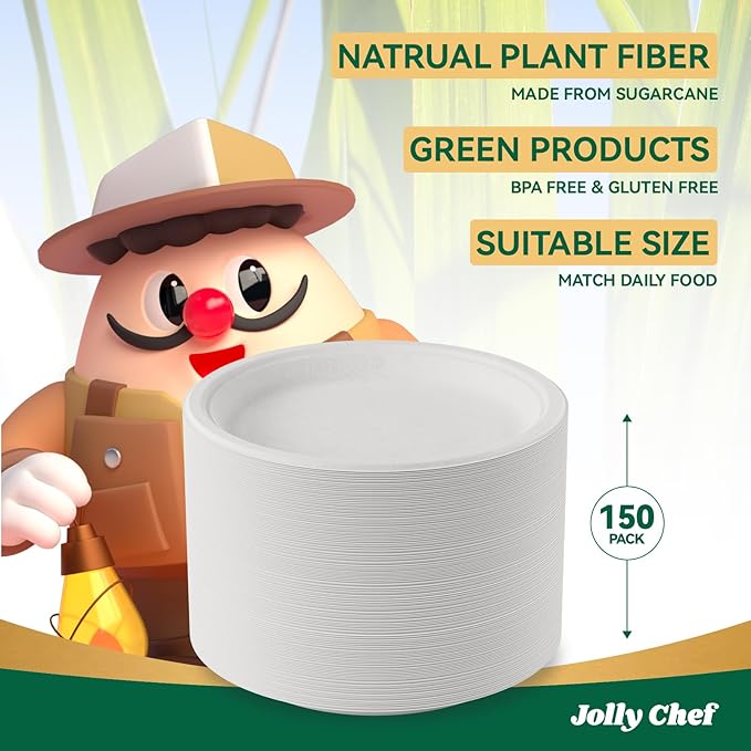 JOLLY CHEF Compostable Heavy Duty Plates 9 Inch [150 Pack] Eco-Friendly Disposable Natural Paper Plates Bagasse Biodegradable Bulk for Party Dinner Sugarcane Fibers Round 150 Count(White)