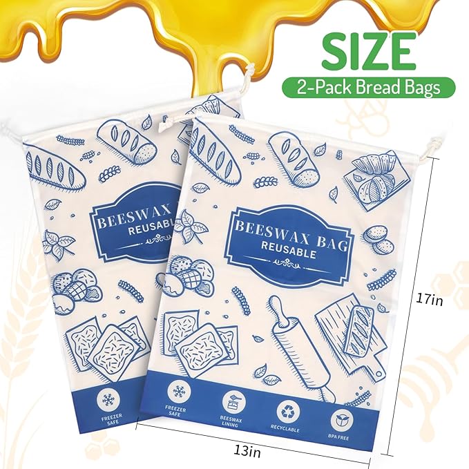 2-Pack Beeswax Bread Bags for Homemade Bread，Reusable Sourdough Storage Bags with Premium Beeswax Coating for Loafs Baguette Fresh Keeping,Great Baking Essentials and Gifts for Families & Friends.