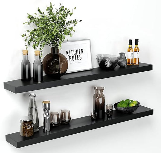 Homeforia Floating Black Shelf 60 inch, High End Solid Real Wood 60 inches Long Floating Shelves for Wall, Black Wooden 60inch Large Floating Shelves, Heavy Duty Bracket, 60 X 6.5 X 1.75 in, Set of 2