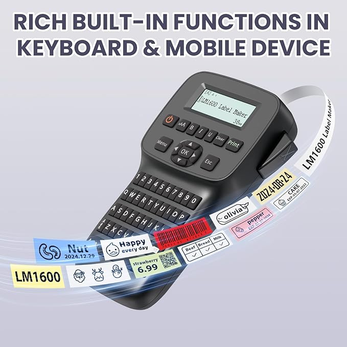 Label Maker Machine with-Tape Waterproof, Rechargeable Label Maker Portable, Keyboard Label Makers with Backlit Screen, Bluetooth Labeler for School Office Industrial Use, LM1600 Black