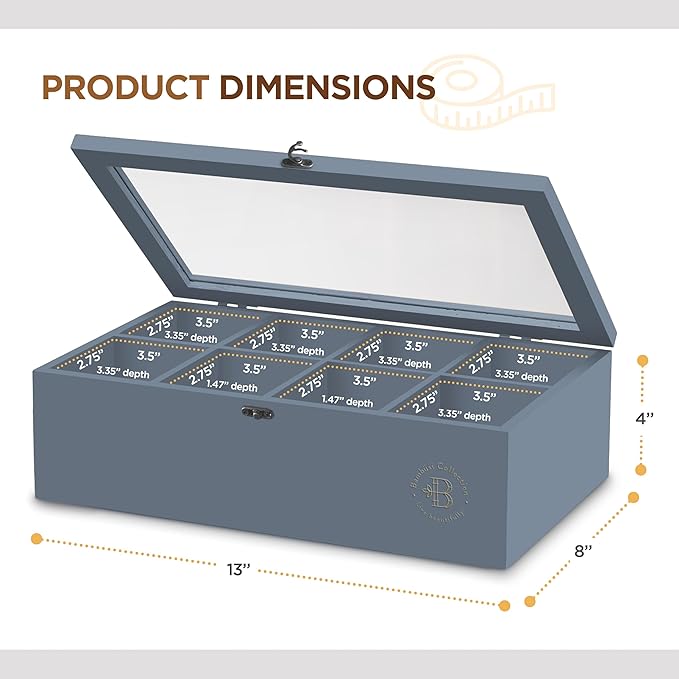 Bambsi Tea Bag Organizer - Bamboo Tea Box Organizer Storage Box, Tea Bag Holder with Acrylic Window, Magnetic Lid Keeps Tea Bags Fresh - Tea Organizer Caddy (Tea Not Included) Christmas Gift - Grey