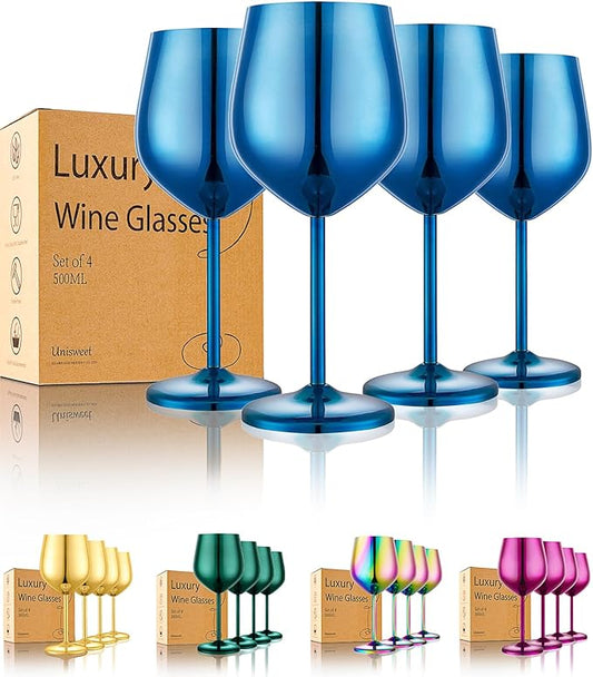 Stainless Steel Wine Glasses Set of 4 Unbreakable Blue Wine Glass 18 oz Unique Metal Wine Goblets for Outdoor, Travel, Camping, Pool, Ideal Gift for Wine Lovers