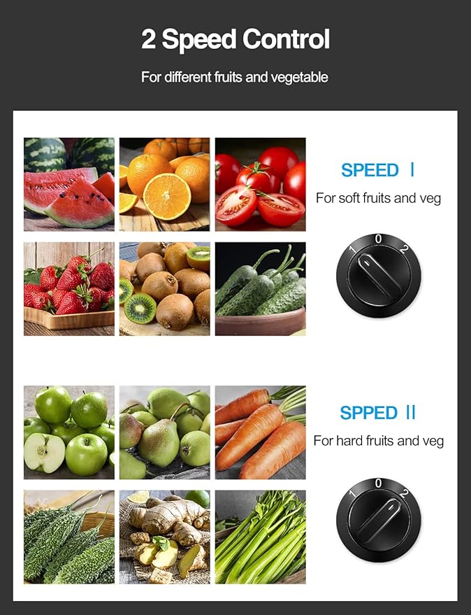 QCen Juicer Machine, 500W Centrifugal Juicer Extractor with Wide Mouth 3” Feed Chute for Fruit Vegetable, Easy to Clean, Stainless Steel, BPA-free (Metallic Black)