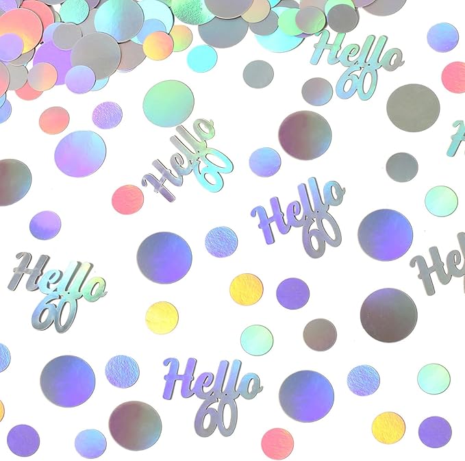 Hello 60 Birthday Confetti for Table Iridescent 60th Birthday Party Decorations for Women Sixty Years Old Happy Birthday Tables Scatter Circle Dots Party Confetti Anniversary Decor 300PC