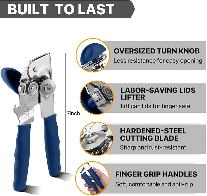 Can Opener Manual Heavy Duty, UHIYEE Hand Held Can Openers for Seniors with Comfort Grip Sharp Blade, Solid Steel Hand Manual Can Open with Magnet for Kitchen Camping, Blue