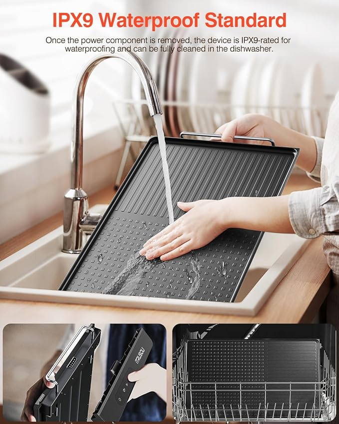 Electric Griddle with Removable Touch Panel, IPX9 Waterproof, Dishwasher-Safe, 1300W Fast Heating in 10S, 18x10" Die-Cast Nonstick Plate, Foldable Design for Family Use (4–8 People)