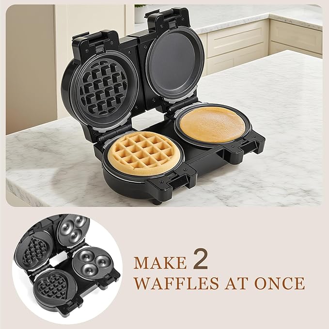 Mini Waffles Maker with 8 Removable Plates, 4 in 1 Double Small Waffle Maker Mini- Waffle, Heart Waffle, Pancake, Donut, 5" Non Stick Waffle Iron for Kid, Use One/Both Sides By the Button On the Back