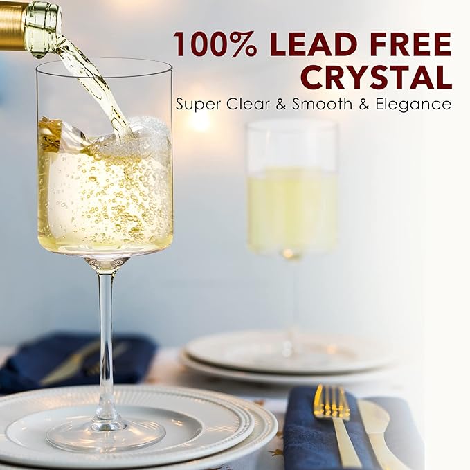 Chouggo Square Wine Glasses Set of 6, Hand Blown Crystal Red Wine or White Wine Glass 11.4Oz - Hand Crafted by Artisans - Gifts for Women, Men, Wedding, Anniversary, Christmas, Birthday