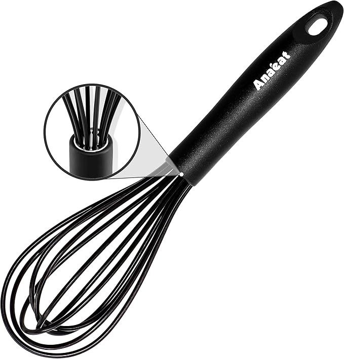 Anaeat 8.5" Silicone Balloon Whisk, Perfect for Non-Stick Cookware, Milk and Egg Beater Blender, Heat Resistant Kitchen Whisks for Whisking, Cooking, Baking, Beating, Frothing & Stirring (Black)