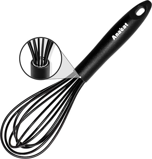 Anaeat 8.5" Silicone Balloon Whisk, Perfect for Non-Stick Cookware, Milk and Egg Beater Blender, Heat Resistant Kitchen Whisks for Whisking, Cooking, Baking, Beating, Frothing & Stirring (Black)