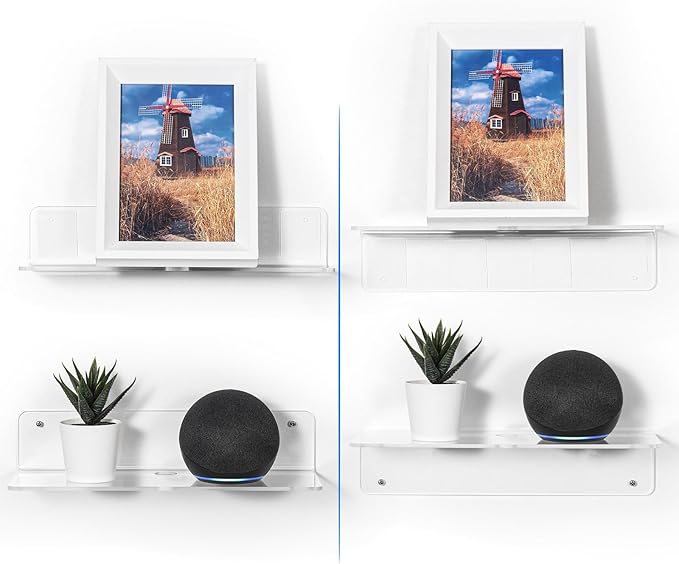 OAPRIRE Clear Acrylic Floating Shelves Set of 2 - Easily Expand Wall Space - 12 Inch Small Wall Shelf with Strong Adhesive for Bathroom, Bedroom, etc