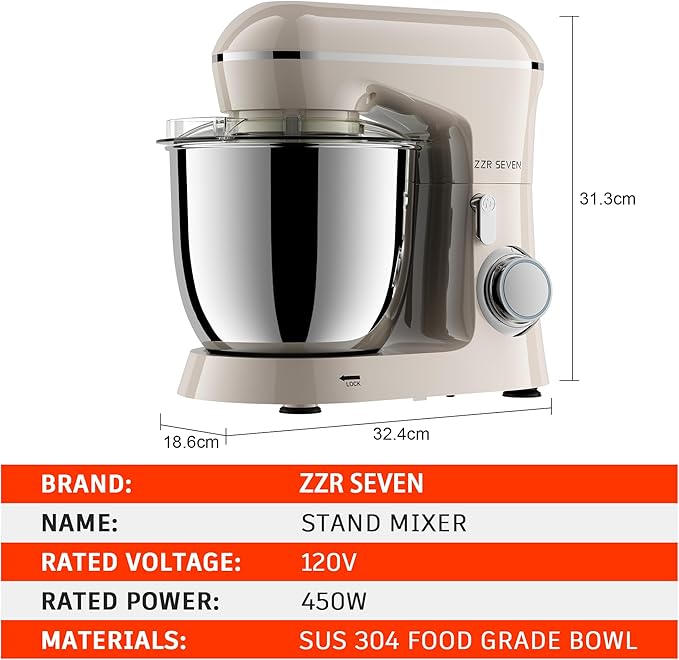 Stand Mixer, 5.5 Quart, 10 Speed Tilt-Head Food Mixer, Kitchen Electric Mixer with SS Bowl, Copper Motor, Beater, Dough Hook, SS Egg Whisk (450W Cream)