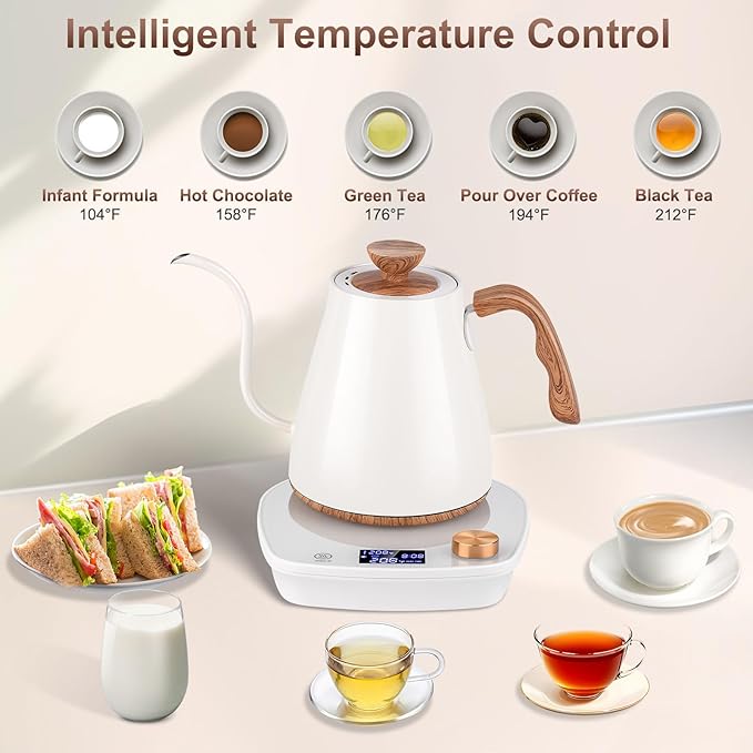 Gooseneck Electric Kettle, Intelligent Temperature Control, Stainless Steel Inner, Quick Heating, for Pour Over Coffee, Brew Tea, Boil Hot Water, 1000W 0.9L Off White