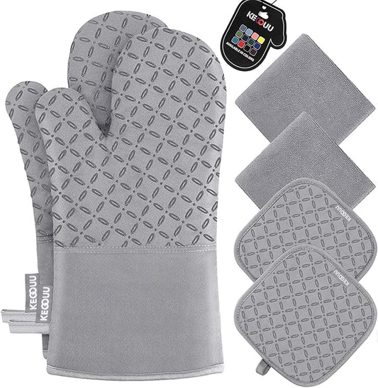 KEGOUU Oven Mitts and Pot Holders 6pcs Set, Kitchen Oven Glove High Heat Resistant 500 Degree Extra Long Oven Mitts and Potholder with Non-Slip Silicone Surface for Cooking (Light Gary)