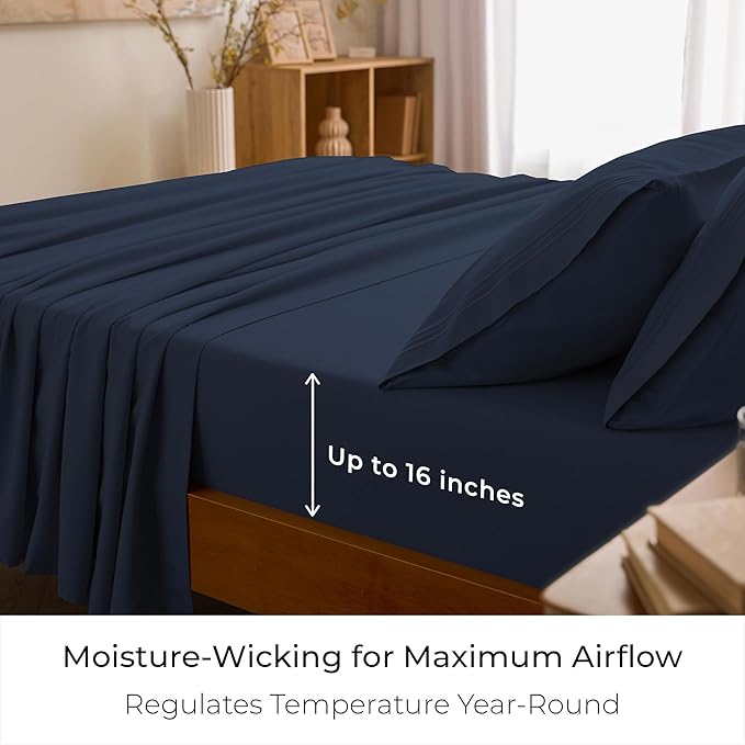 Mellanni King Sheets Set - 4 PC Iconic Collection Bedding - Hotel Luxury, Extra Soft, Cooling Bed Sheets - Wrinkle, Fade, Stain Resistant (King, Navy Blue)