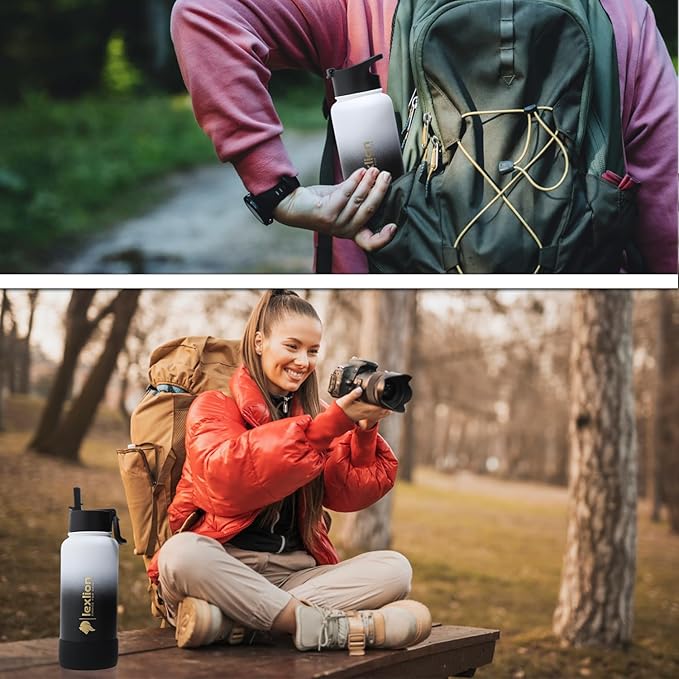 Lexlion 32 Oz Triple Walled Insulated Stainless Steel Fruit Infuser Water Bottle, Leakproof, 3 Lids, Infuser, Silicone Sleeve