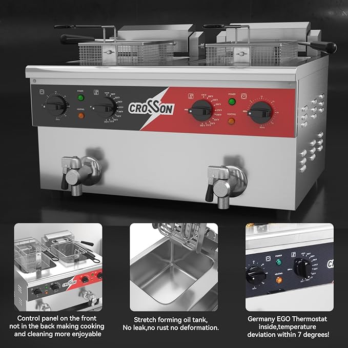 CROSSON 16L Dual Tank Countertop Electric Deep Fryer with "Swing-up and Hold",Drain Valve,Strech forming Oil Tank and Solid Wire Mesh Basket for Restaurant Use 120V,3600W Commercial Deep Fryer