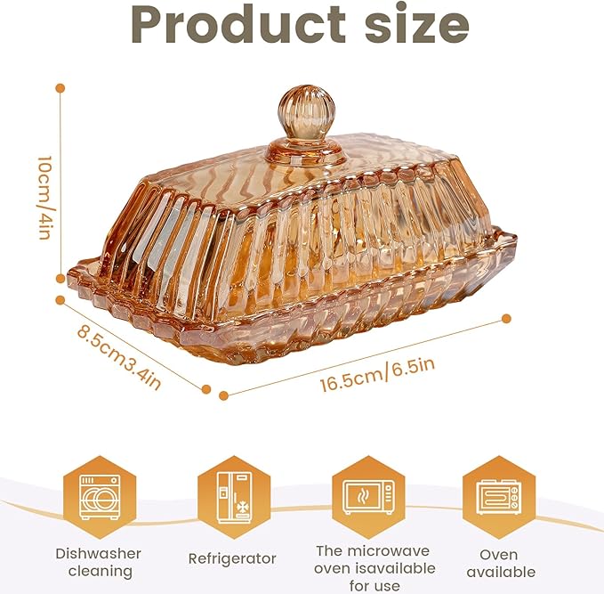 Glass Butter Dish with Cover for Countertop Amber Vintage Crystal Butter Dish with lid for Counter,Covered Glass Butter Holder Keeper Butter Tray for Refrigerator,Butter Container with 4oz Butter