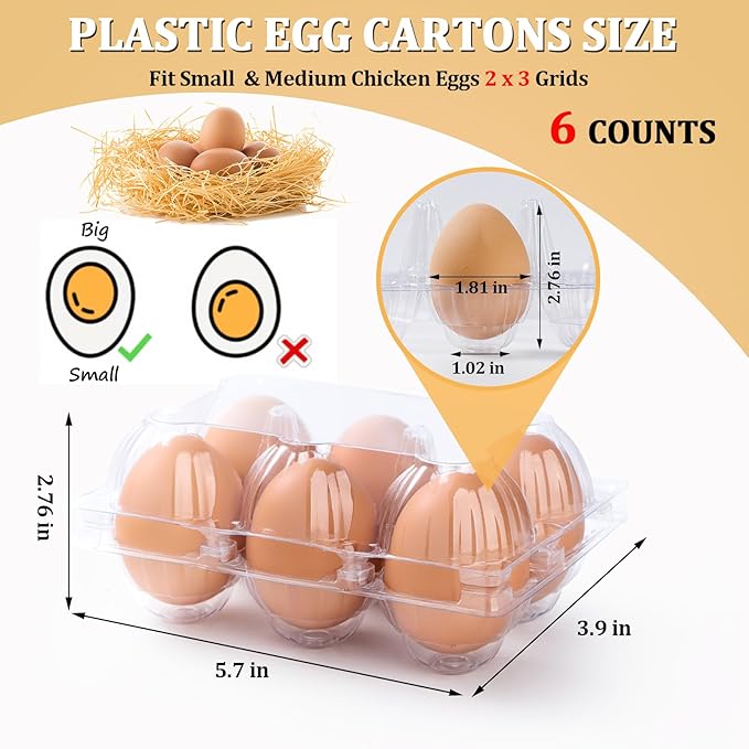 200PCS Clear Plastic Egg Cartons 6 Count,Half Dozen Egg Cartons Cheap Bulk for Chicken Eggs,Reusable Egg Holder for Family,Pasture,Farm Markets Display - Medium Egg Containers 2x3 Grids