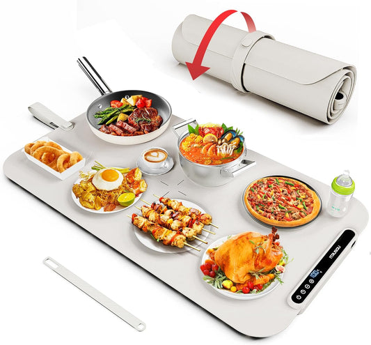 Food Warming Mat, iTRUSOU 27.5x16'' Electric Warming Tray with 7 Temp-Settings, Switchable Fahrenheit/Celsius, 99h Timer, Foldable Food Warmer Keep Food Warm at Buffet, Party, Sabbath, Daily Use